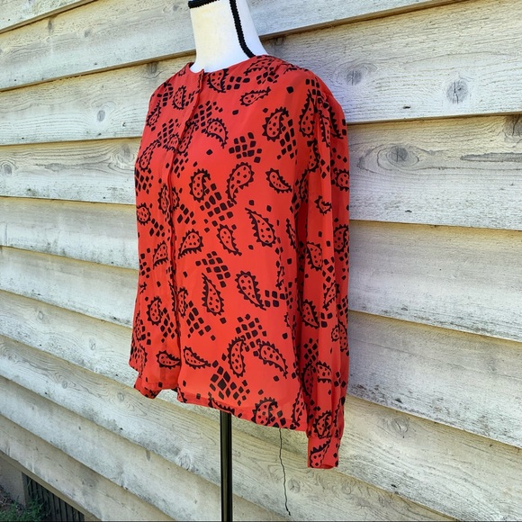 Vintage 80s Orange Block Paisley Print Long Puff Sleeve Button Down Popover Top - Picture 3 of 16